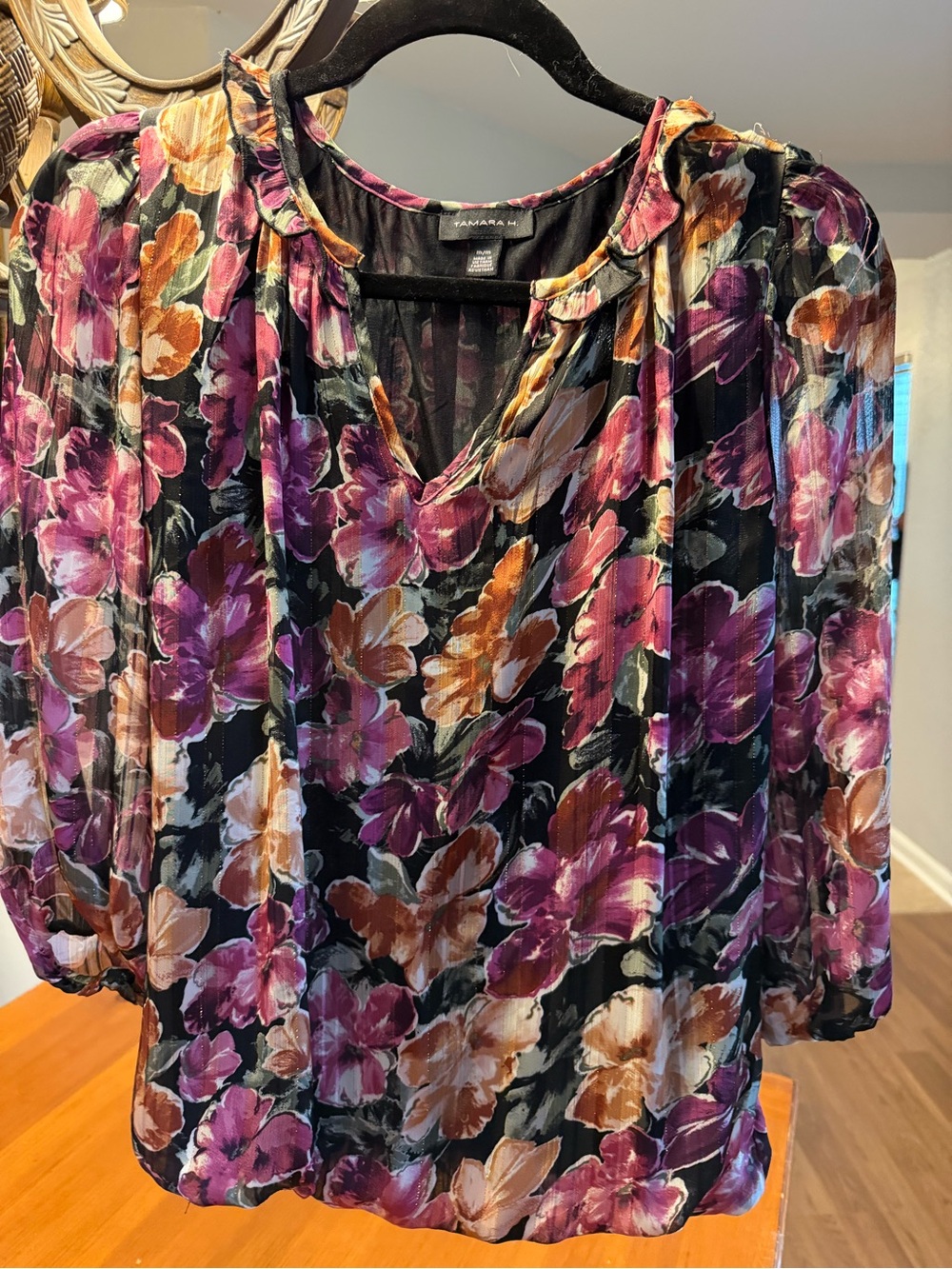 Tamarah H  Floral V-Neck Blouse in Black with Purple & Orange Flowers